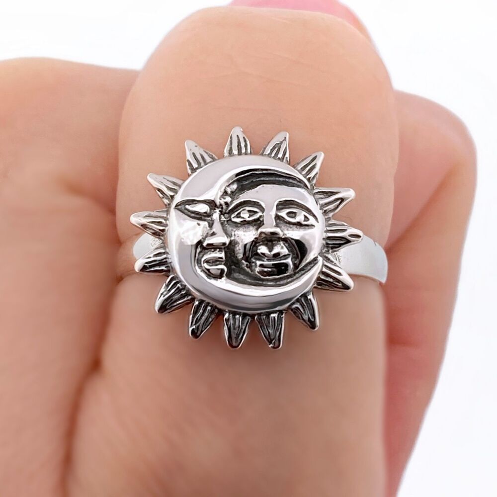 Large Sun Moon Face Sterling Silver Ring Size 10